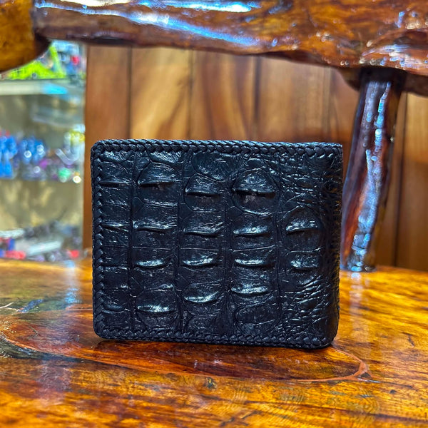 Black Crocodile Hornback Bifold Wallet, Hand-Laced