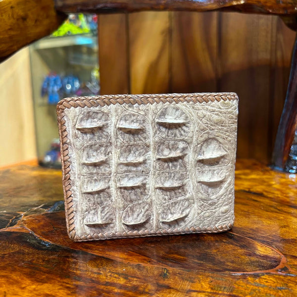 Cream Crocodile Hornback Bifold Wallet, Hand-Laced