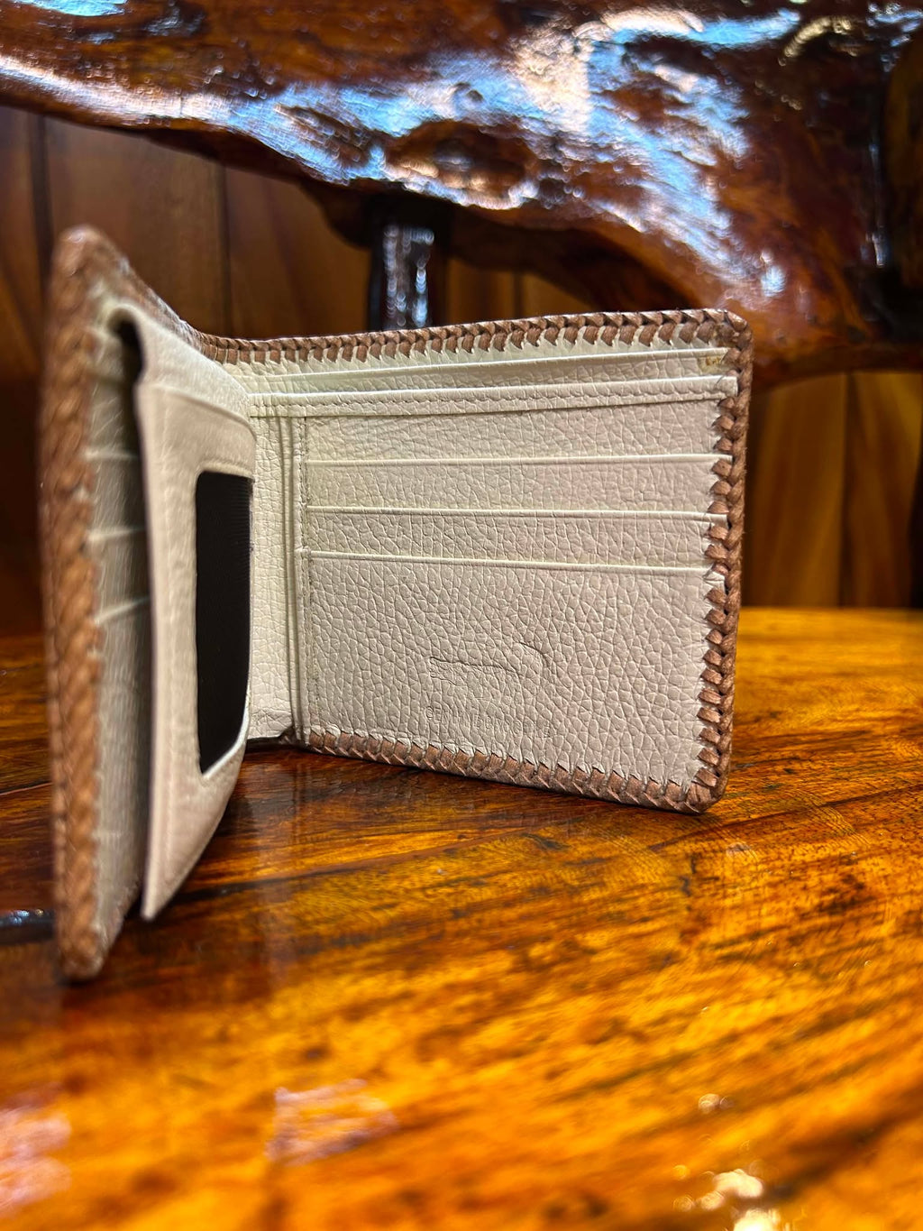 Cream crocodile wallet open, angled interior view