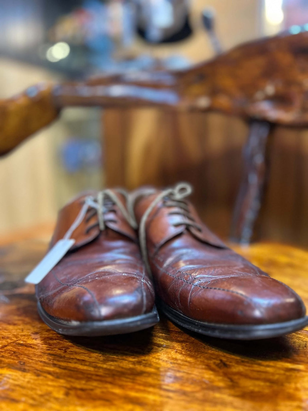 Florsheim chestnut bicycle-toe derbies, front angle