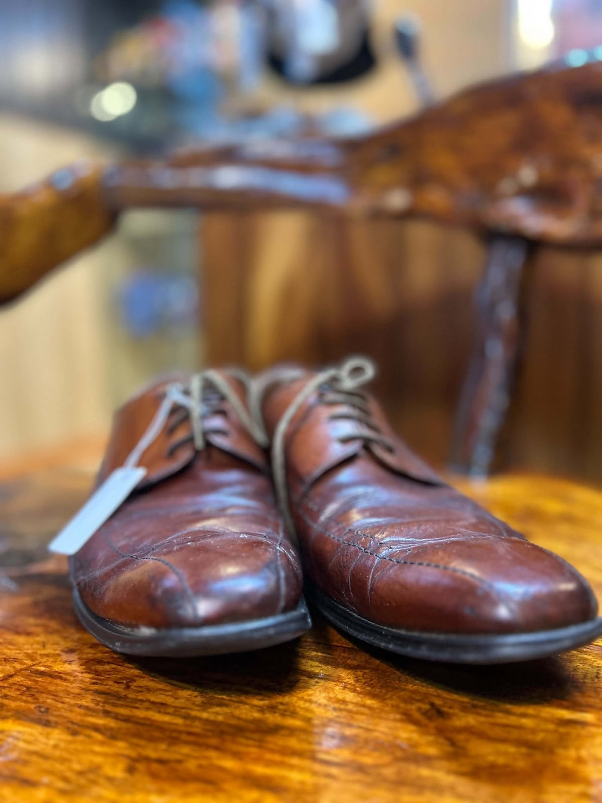 Florsheim chestnut bicycle-toe derbies, front angle