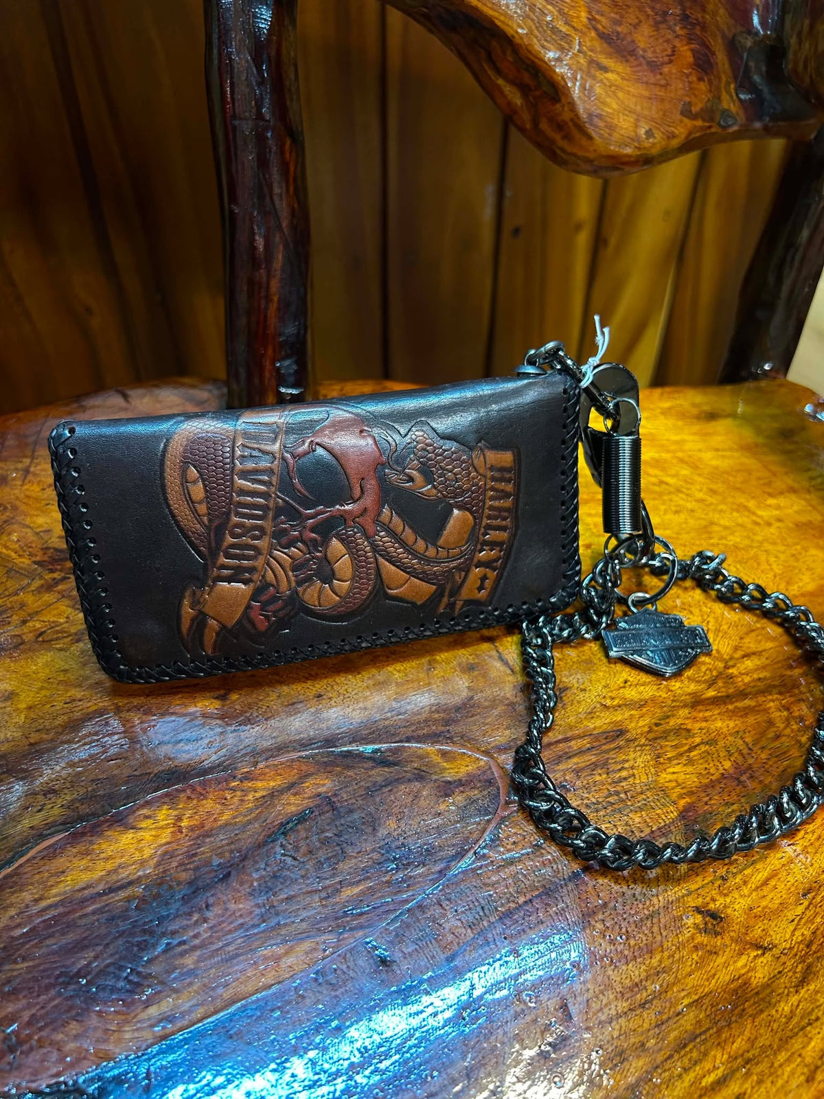 Harley-Davidson leather chain wallet with embossed artwork and chain