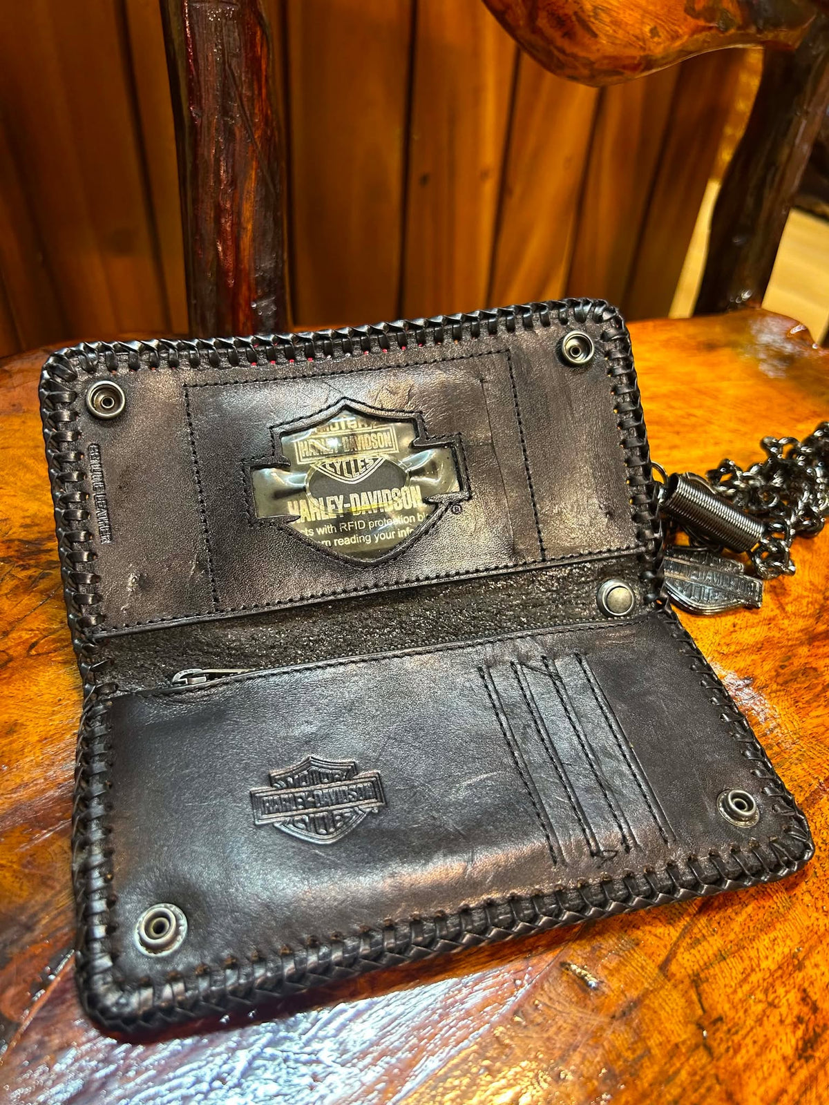 Harley-Davidson chain wallet open, showing interior and logo