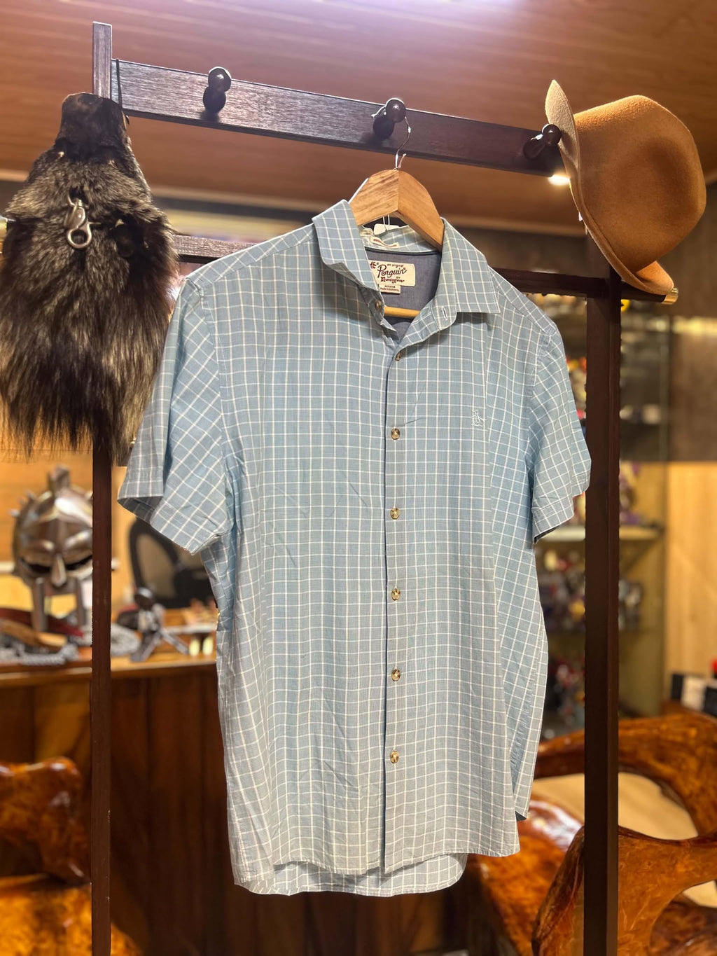 Original Penguin light blue grid short-sleeve shirt, front