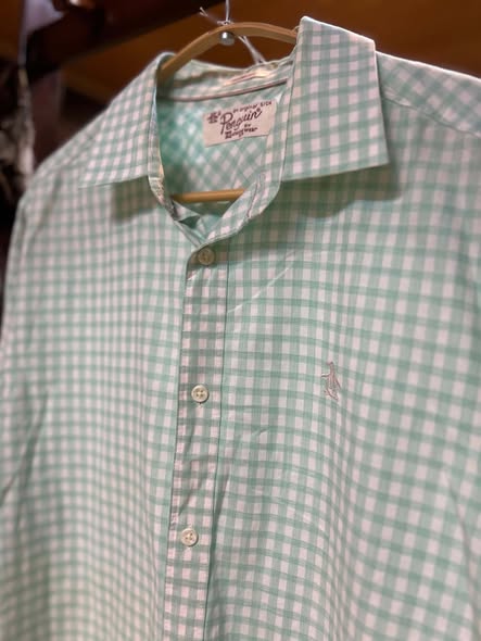 Original Penguin gingham shirt collar and label