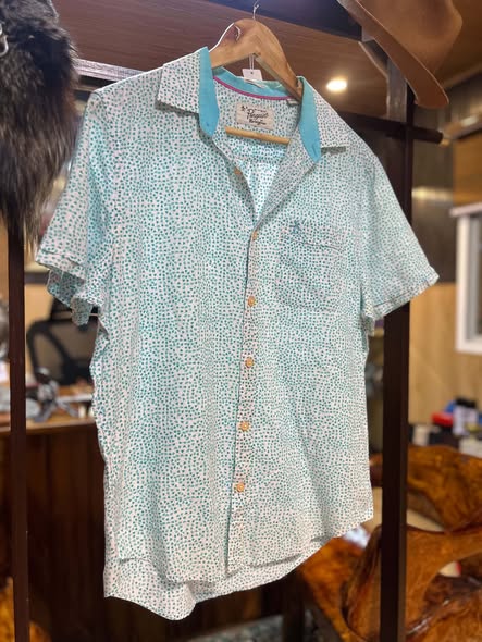 Original Penguin teal geometric print short-sleeve shirt, front